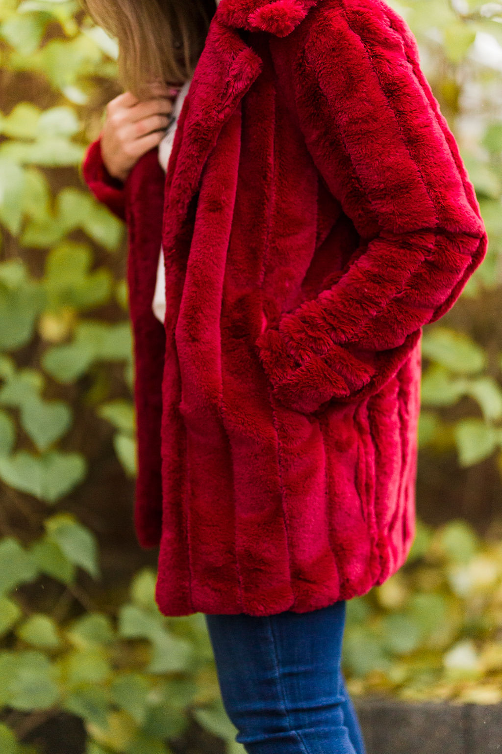 Dark red faux outlet fur coat