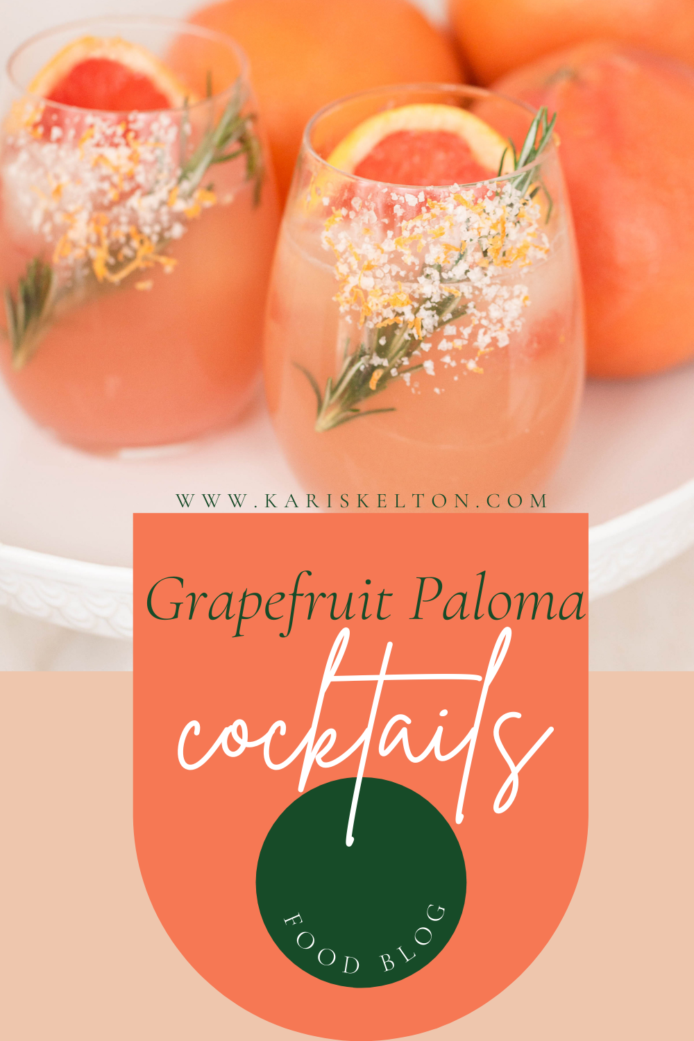 addison: A Paloma cocktail with large clear ice cubes in a tall collins  glass garnished with a grapefruit peel on a white marble counter top